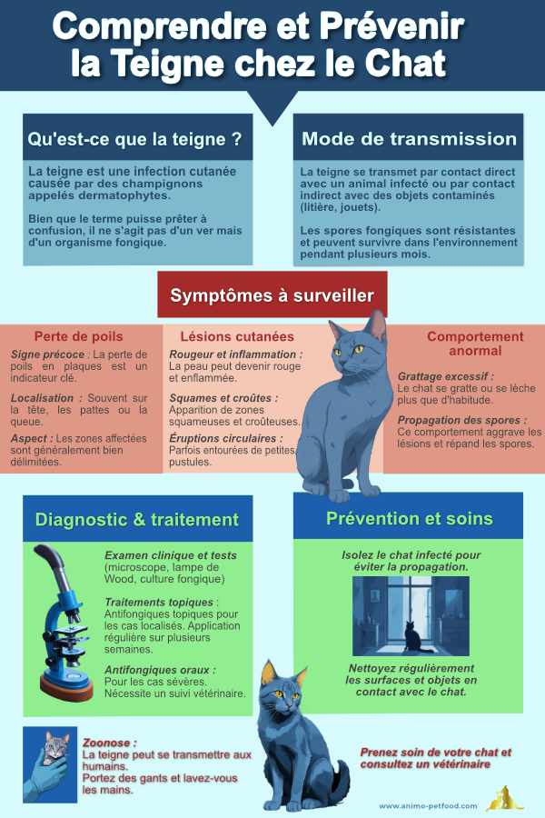 Infographie sur la teigne chez le chat : Causes, symptômes, traitement et prévention. Guide complet pour reconnaître les signes, diagnostiquer et traiter cette infection cutanée